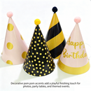 12-piece Kids Birthday Party Hats Set - Gold Pink and Black Paper Cone Hats with Pom Pom Tops, Fun Party Table Decorations, Celebration Accessories for Birthday Events and Themed Gatherings