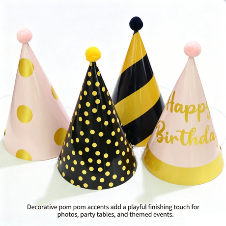 12-piece Kids Birthday Party Hats Set - Gold Pink and Black Paper Cone Hats with Pom Pom Tops, Fun Party Table Decorations, Celebration Accessories for Birthday Events and Themed Gatherings