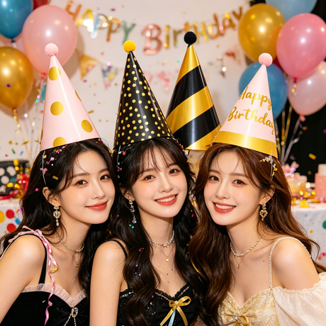 12-piece Kids Birthday Party Hats Set - Gold Pink and Black Paper Cone Hats with Pom Pom Tops, Fun Party Table Decorations, Celebration Accessories for Birthday Events and Themed Gatherings