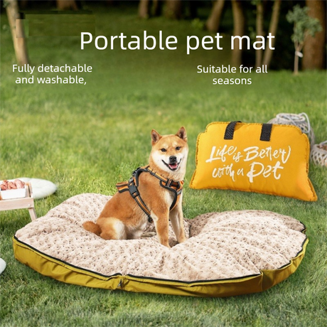 Blue S size Portable Foldable Pet Bed Mat – Waterproof Travel Dog Bed and Cat Cushion with Carry Handles, Removable Washable Cover, Plush Comfort Padding for Indoor and Outdoor Use