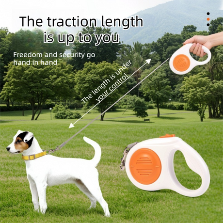 Orange 5M Automatic Retractable Dog Leash –Extendable Pet Lead with One-Button Brake Lock, Tangle-Free 360° Nylon Strap, Durable ABS Housing for Dogs and Puppies