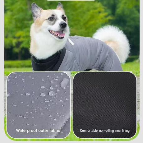 Orange S size Winter Dog Jumpsuit Coat – Waterproof Four-Leg Pet Jacket with Reflective Harness Clip, Windproof Warm Padded Puppy Snowsuit, Adjustable Polyester Dog Clothing for Small to Medium Dogs