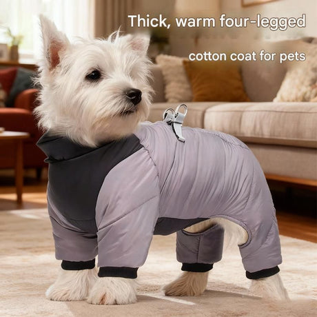 Orange L size Winter Dog Jumpsuit Coat – Waterproof Four-Leg Pet Jacket with Reflective Harness Clip, Windproof Warm Padded Puppy Snowsuit, Adjustable Polyester Dog Clothing for Small to Medium Dogs