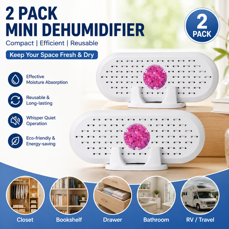 2 pack Mini Rechargeable Dehumidifier for Wardrobes, Closets and Shoe Cabinets, Reusable Moisture Absorber with Colour Indicator, Compact Anti-Mould Humidity Control Device
