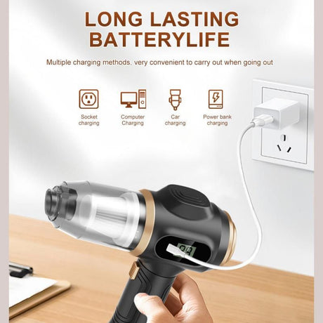 8-piece  Black Handheld Cordless Vacuum Cleaner & Air Duster 2-in-1(2 x 1500mAh), Portable Car and Home Cleaning Vacuum with Digital Display