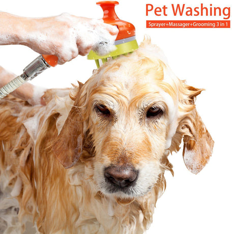 White Pet Bathing Shower Sprayer Brush with Water  Control Switch Control Dog Grooming Massage Shampoo Rinse Tool