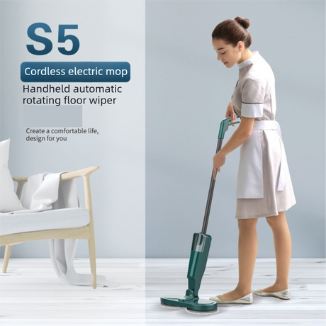 S5 Green  Cordless Electric Spin Mop with Spray Function USB Rechargeable Floor Cleaner - Dual Rotating Mop Heads, Wet and Dry Cleaning, Lightweight Home Cleaning Solution for Hard Floors