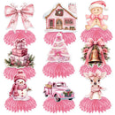 9 pcs Pink Christmas Honeycomb Table Centrepiece Set - 3D Paper Decorations with Reindeer and Snowman Designs for Holiday Party Styling