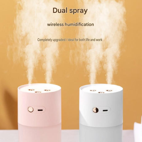 White Dual Spray USB Humidifier with Warm LED Night Light - 400ml Mini Portable Desk and Car Humidifier, Quiet Mist Output, ABS and PP Construction, Compact Rechargeable Moisture Solution for Home Office Travel