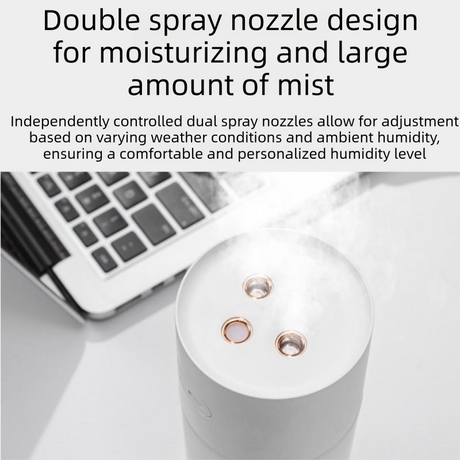 White Dual Spray USB Humidifier with Warm LED Night Light - 400ml Mini Portable Desk and Car Humidifier, Quiet Mist Output, ABS and PP Construction, Compact Rechargeable Moisture Solution for Home Office Travel