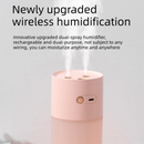 Pink Dual Spray USB Humidifier with Warm LED Night Light - 400ml Mini Portable Desk and Car Humidifier, Quiet Mist Output, ABS and PP Construction, Compact Rechargeable Moisture Solution for Home Office Travel