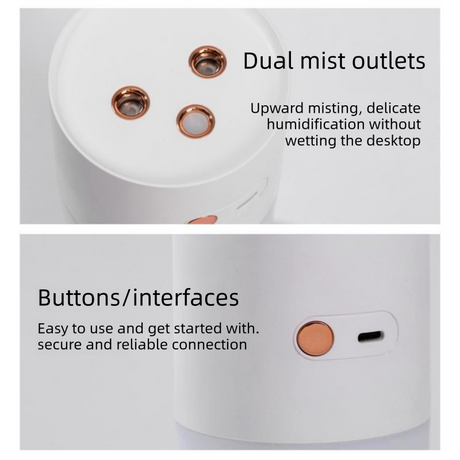 Pink Dual Spray USB Humidifier with Warm LED Night Light - 400ml Mini Portable Desk and Car Humidifier, Quiet Mist Output, ABS and PP Construction, Compact Rechargeable Moisture Solution for Home Office Travel