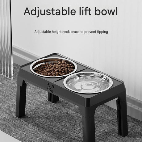 Grey Adjustable Elevated Dog Bowl Stand with Stainless Steel Double Bowls, Foldable Raised Pet Feeding Station for Medium & Large Dogs, Anti-Slip Height Adjustable Food and Water Feeder