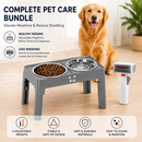 Pet Care Bundle Set – Grey Adjustable Elevated Double Dog Bowl & White and Grey 2-in-1 Self-Cleaning Pet Grooming Comb, Stainless Steel Feeding Station and Deshedding Brush for Dogs & Cats