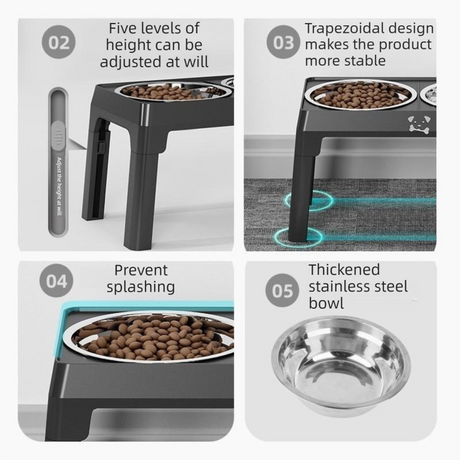 Pet Care Bundle Set – Grey Adjustable Elevated Double Dog Bowl & White and Grey 2-in-1 Self-Cleaning Pet Grooming Comb, Stainless Steel Feeding Station and Deshedding Brush for Dogs & Cats