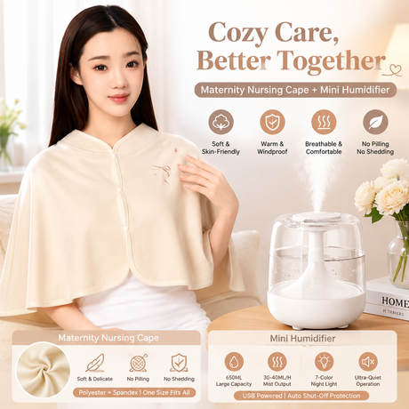 2 pcs Relaxing Winter Set - Beige Nursing Cape and White Mini Humidifier Soothing – Soft Postpartum Shawl & 650ml USB Air Humidifier for Home Comfort，Relax Self Care Present for Women