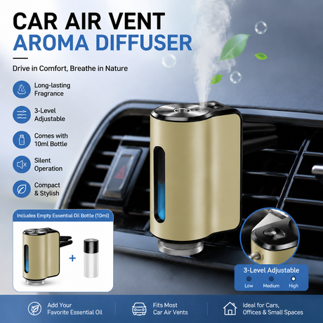 Golden Car Vent Air Freshener Diffuser (Includes a 10ml empty essential oil bottle) 3-Speed Adjustable Aroma Atomiser – Compact Aluminum Alloy USB Essential Oil Car Fragrance Clip