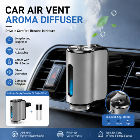Silvery Car Vent Air Freshener Diffuser (Includes a 10ml empty essential oil bottle) 3-Speed Adjustable Aroma Atomiser – Compact Aluminum Alloy USB Essential Oil Car Fragrance Clip