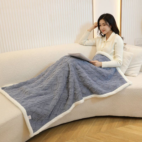 Blue 90×140cm Textured bar knit pattern Sherpa Fleece and Taffeta Throw Blanket – Soft Loungewear Shawl, Warm Office & Sofa Wrap for Winter Comfort