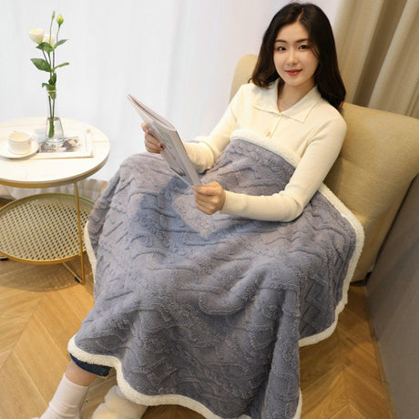 Blue 90×140cm Textured bar knit pattern Sherpa Fleece and Taffeta Throw Blanket – Soft Loungewear Shawl, Warm Office & Sofa Wrap for Winter Comfort
