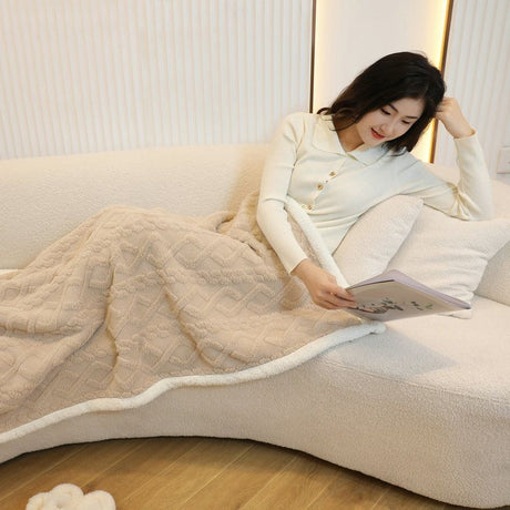Khaki 90×140cm Textured bar knit pattern Sherpa Fleece and Taffeta Throw Blanket – Soft Loungewear Shawl, Warm Office & Sofa Wrap for Winter Comfort