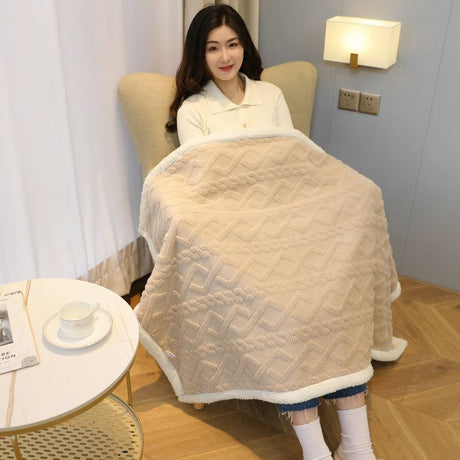 Khaki 90×140cm Textured bar knit pattern Sherpa Fleece and Taffeta Throw Blanket – Soft Loungewear Shawl, Warm Office & Sofa Wrap for Winter Comfort