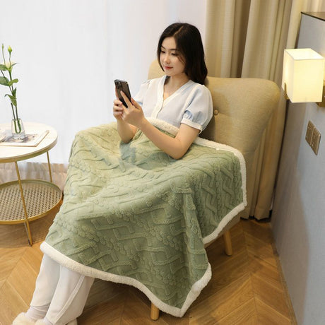 Green 90×140cm Textured bar knit pattern Sherpa Fleece and Taffeta Throw Blanket – Soft Loungewear Shawl, Warm Office & Sofa Wrap for Winter Comfort