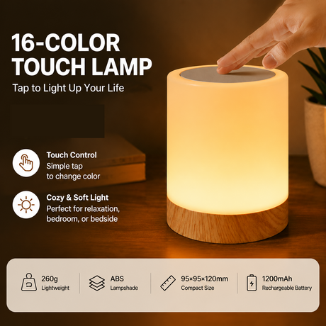 White LED Rechargeable Night Light with 16 Colors – 1200mAh Touch Bedside Lamp & Portable Ambient Lighting