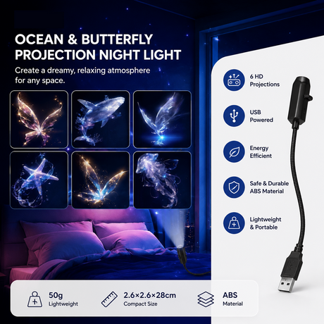 Black USB  Projector Night Light –6-piece set Dreamy Butterfly and Marine Life Designs  Rotating LED Lamp, Bedroom Atmosphere Projection Light