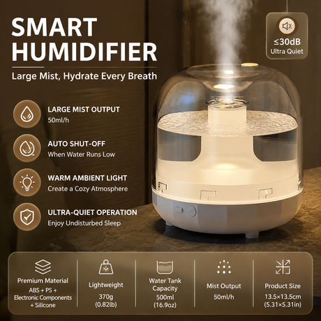 White 500ml Smart Ultrasonic Humidifier & Aroma Diffuser – USB Silent Air Moisturizer, LED Bedroom Mist Maker