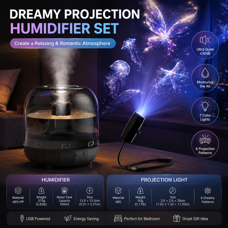 2-piece Bedroom Atmosphere Bundle –Black Ultrasonic Aroma diffuser Humidifier & Dreamy Butterfly and Marine Life Series Projector Night Light for Relaxing Home Decor, Perfect Gift for Her