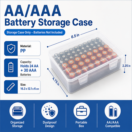 White AA/AAA Battery Storage Case 24 AA + 30 AAA Capacity Durable PP Organizer Box with Removable Foam Dustproof Portable Protective Battery Holder