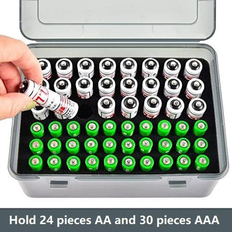 White AA/AAA Battery Storage Case 24 AA + 30 AAA Capacity Durable PP Organizer Box with Removable Foam Dustproof Portable Protective Battery Holder