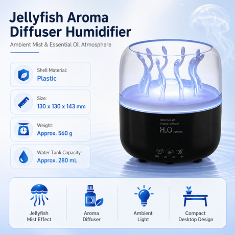 Black Jellyfish Aroma Diffuser Humidifier LED Night Light 280ml USB Essential Oil Diffuser with 3 Timing Modes Color Changing Ambient Mist Lamp for Bedroom Office Relaxation
