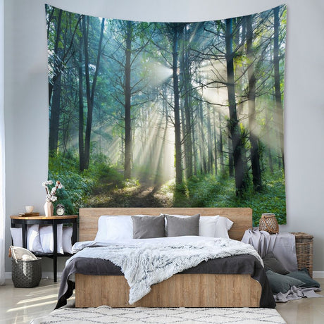 Misty Forest Tapestry Wall Hanging 150×200cm Polyester Fabric Background Cloth Room Decor Brushed No-Stretch Fade Resistant Nature Forest Wall Decor with Installation Kit