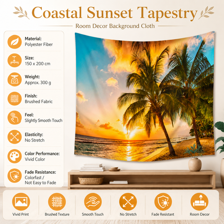 Coastal Sunset Tapestry Wall Hanging 150×200cm Polyester Fabric Background Cloth Room Decor Brushed No-Stretch Fade Resistant Nature Forest Wall Decor with Installation Kit