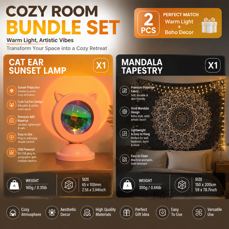 Pink Cat Ear Sunset Projection Lamp and  150x200cm Black Mandala Tapestry Combo - USB Powered ABS Mini Light withPolyester Wall Hanging for Bedroom, Living Room & Photography Ambiance