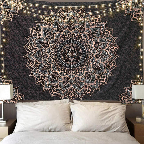 Pink Cat Ear Sunset Projection Lamp and  150x200cm Black Mandala Tapestry Combo - USB Powered ABS Mini Light withPolyester Wall Hanging for Bedroom, Living Room & Photography Ambiance