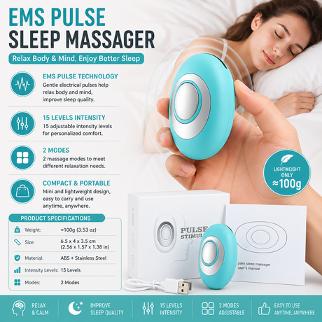 Green Portable EMS Pulse Sleep Aid Device - 15 Adjustable Levels, Dual Mode Handheld Relaxation Tool for Stress Relief and Better Sleep Quality
