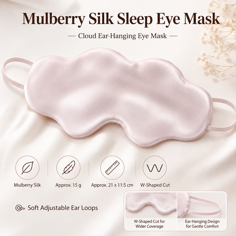 Pink Mulberry Silk Sleep Eye Mask - Cloud Shaped Blackout Blindfold with Adjustable Strap, Lightweight Travel and Nap Essential for Sensitive Skin