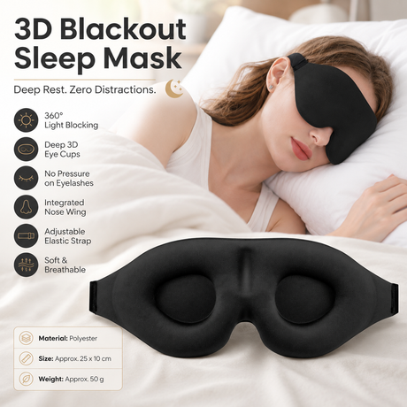 Black 3D Contoured Sleep Eye Mask - 360 Degree Blackout Blindfold with Adjustable Strap and Nose Wing Design for Side Sleepers, Travel and Nap