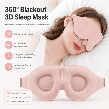 Pink 3D Contoured Sleep Eye Mask - 360 Degree Blackout Blindfold with Adjustable Strap and Nose Wing Design for Side Sleepers, Travel and Nap