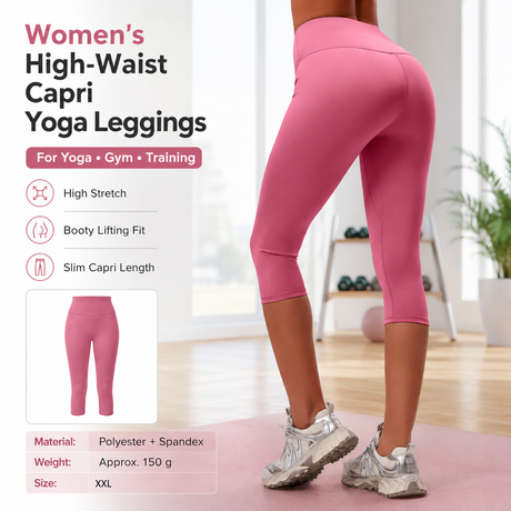 Pink XXL Size Women's High Waist 3/4 Yoga Leggings - Peach Hip Lift Design, Breathable Stretch Fabric for Gym Running and Daily Wear