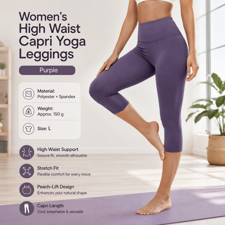 Purple L Size Women's High Waist 3/4 Yoga Leggings - Peach Hip Lift Design, Breathable Stretch Fabric for Gym Running and Daily Wear