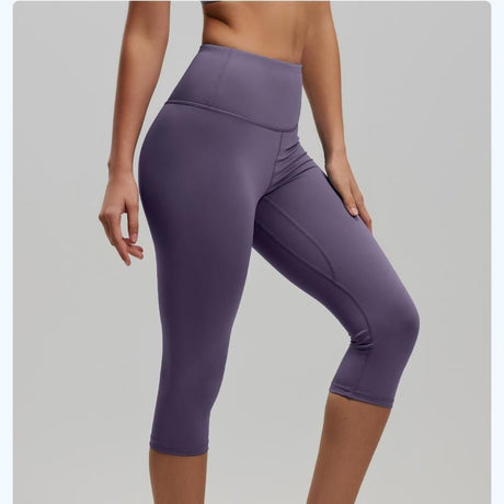 Purple L Size Women's High Waist 3/4 Yoga Leggings - Peach Hip Lift Design, Breathable Stretch Fabric for Gym Running and Daily Wear