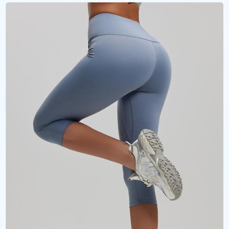 Dusty Blue XL Size Women's High Waist 3/4 Yoga Leggings - Peach Hip Lift Design, Breathable Stretch Fabric for Gym Running and Daily Wear