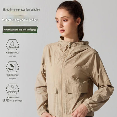 Women's Lightweight Outdoor Windproof and warm set - Beige S Size Waterproof Windproof  Sun Protection Hooded Raincoat and Beige Knitted Warm Headband Set for Hiking Travel Daily Wear
