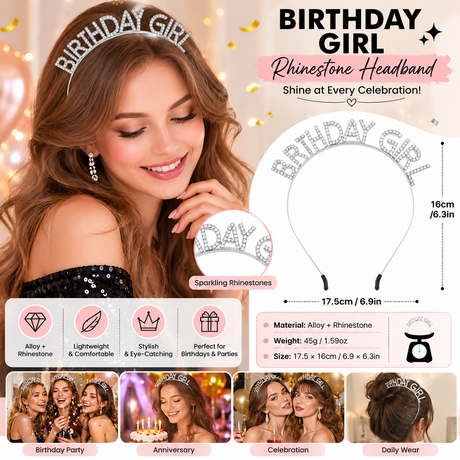 Silvery Birthday Girl Rhinestone decorative headband - Alloy Letter Hair Accessory with Sparkling Crystals for Women and Girls, Party Photo Prop and Celebration Gift