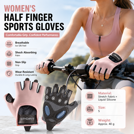 Pink S size Women's Half-Finger Fitness Gloves - Liquid Silicone Shock Absorption, Ice Silk Breathable Fabric, Non-Slip Grip for Gym Yoga Cycling Weight Training