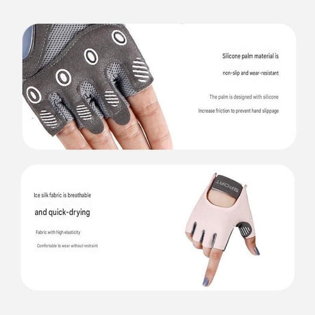 Black L size Women's Half-Finger Fitness Gloves - Liquid Silicone Shock Absorption, Ice Silk Breathable Fabric, Non-Slip Grip for Gym Yoga Cycling Weight Training